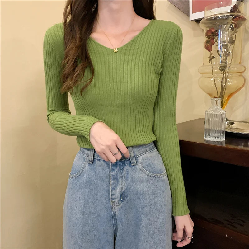 2026 Korean Autumn Winter V Neck Sweater Fashion Casual Long Sleeve Knitted Sweaters Solid Color Slim Pullovers Women Clothes