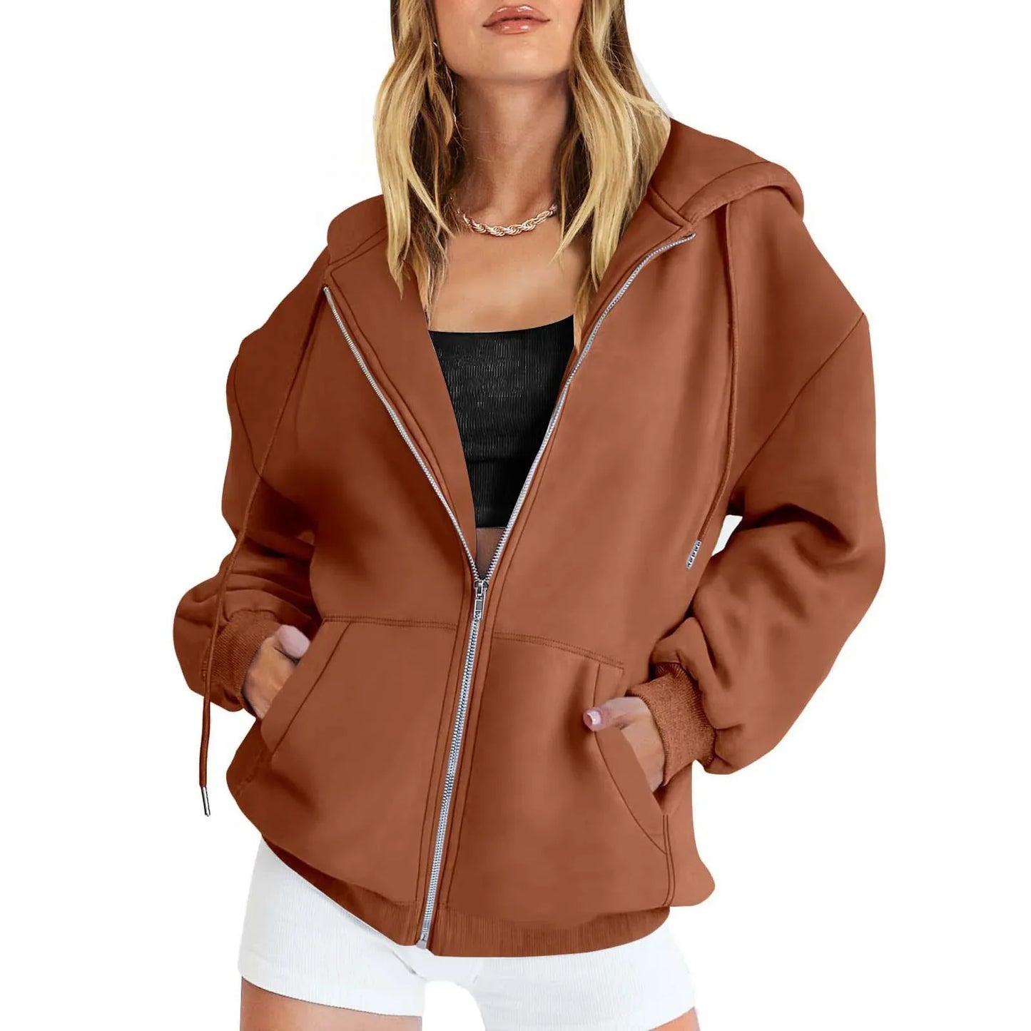 Fashion Gray Zip Up Sweatshirt Women Autumn Winter Jacket Clothes Hoodies Daily Pockets Long Sleeve Solid Versatile Lady Hoodies