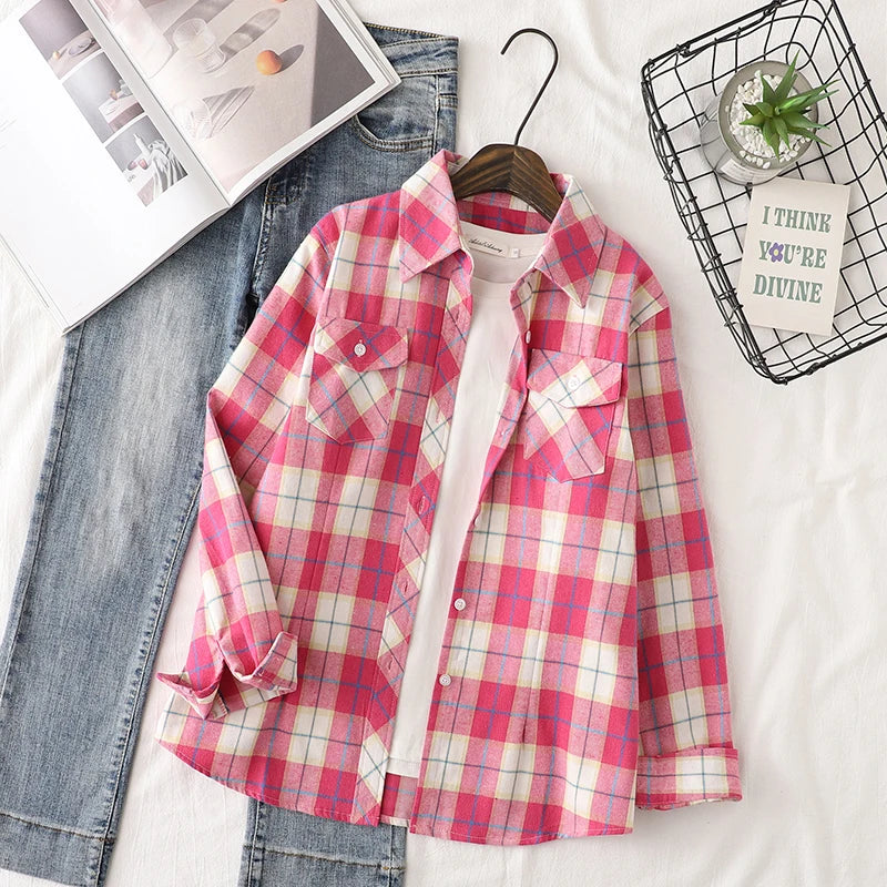 Cotton Flannel Plaid Shirts Women 2025 Autumn New Female Casual Slim Fit Long Sleeve  Blouses & Tops Ladies Checkered Clothes