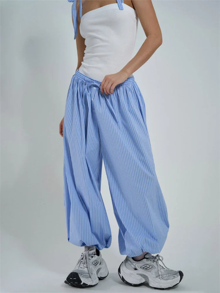 Tossy Striped Lace-Up Casual Women's Pants Patchwork Loose Streetwear Trousers High Waist Commute Clothes Female Bandage Pants