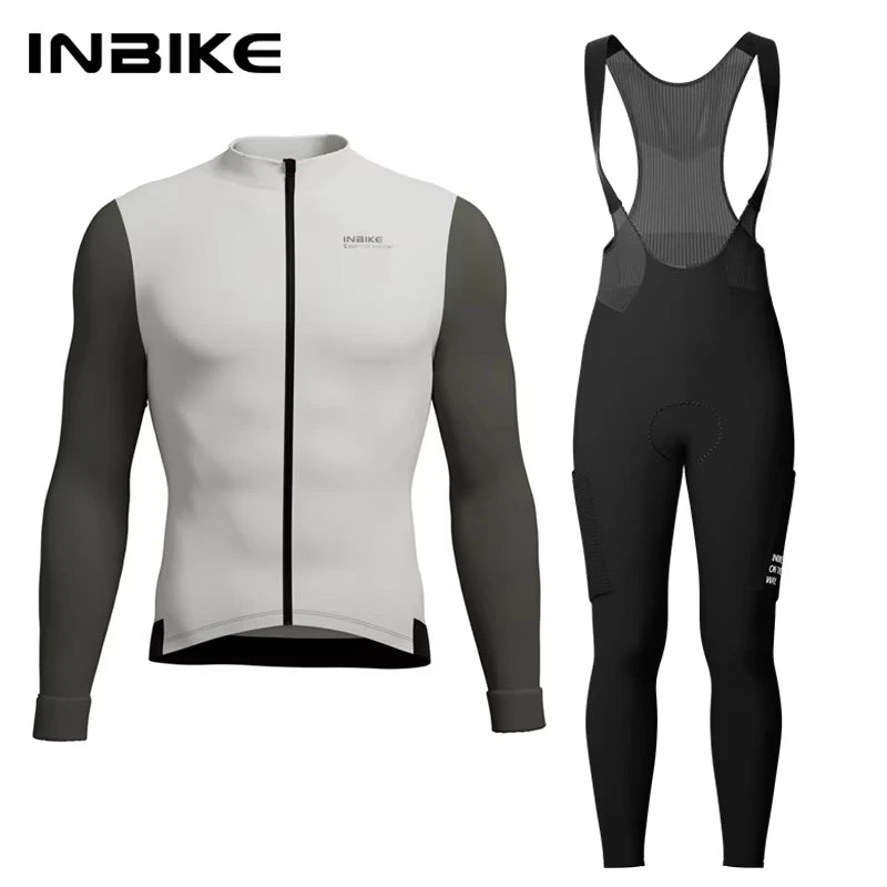 INBIKE Winter Cycling Clothing for Men Fleece Cycling Sets Long Sleeve Jersey with Pockets Long Bicycle Bib Pants for Road Bikes