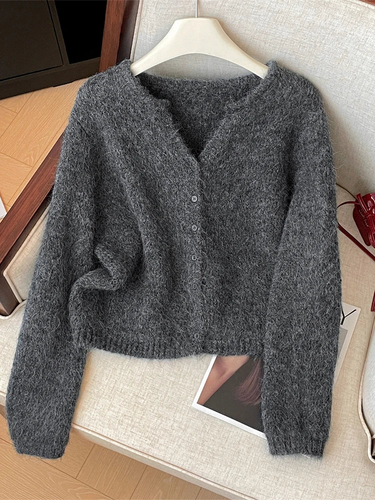 Women Beige Cardigan Cozy Sweater Harajuku Vintage Korean Y2k Long Sleeves V-Neck Cashmere Sweaters Jumper 2000s Clothes Autumn