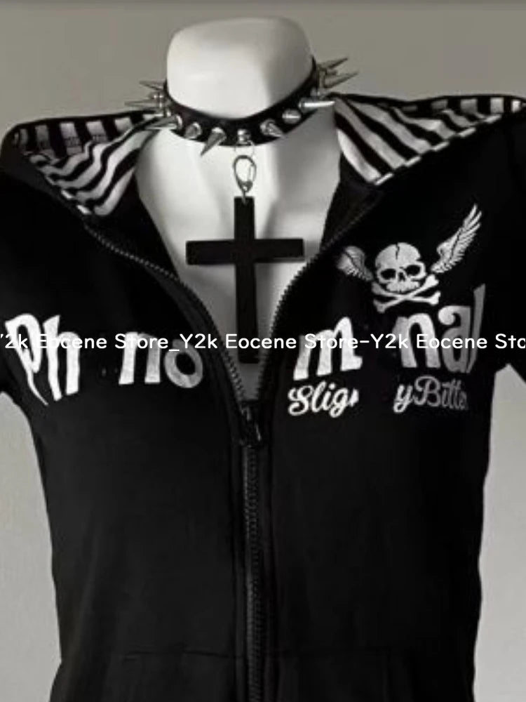 Y2K Subculture Skull Print Zip Cardigan Short Sleeve Women Japan Slim Fit Striped Hoodie Casual Tops Fashion Streetwear Clothes