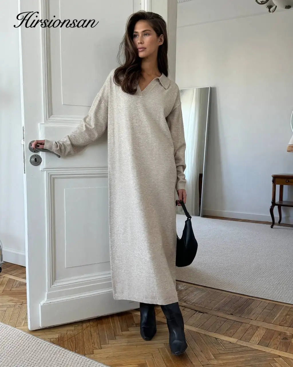 Hirsionsan Long Sleeve Autumn Winter Loose Polo Neck Sweater Dresses Women Soft Elegant Solid Knit Dress Female 2025 New Clothes