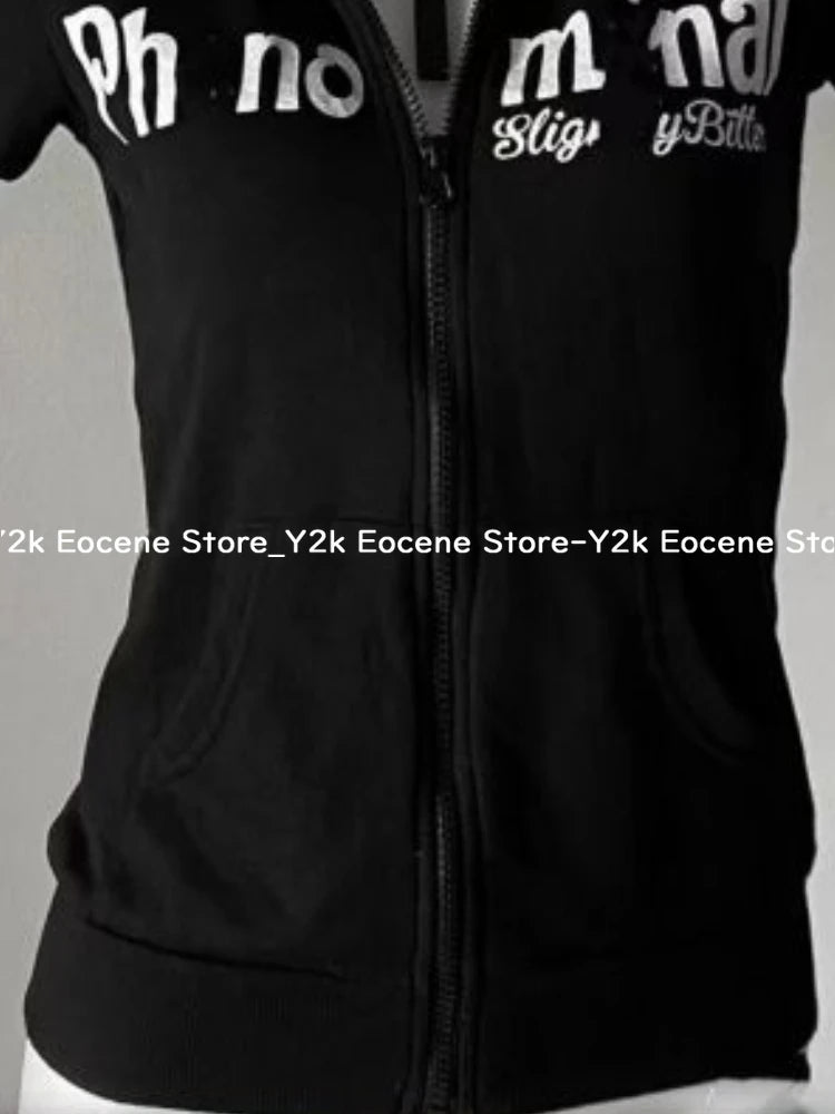 Y2K Subculture Skull Print Zip Cardigan Short Sleeve Women Japan Slim Fit Striped Hoodie Casual Tops Fashion Streetwear Clothes