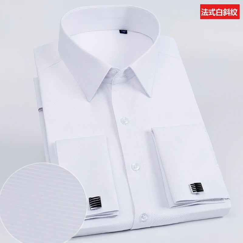 Men's French cufflinks shirt, men's slim fit long sleeved business sleeve nail free business formal men's solid color shirt