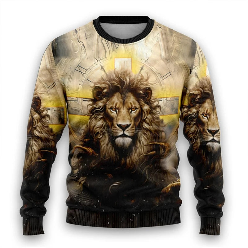 Christian Lion Graphic Sweatshirts God Jesus Ugly Christmas Sweater For Women Clothes Casual Cross Long Sleeve Man Pullovers