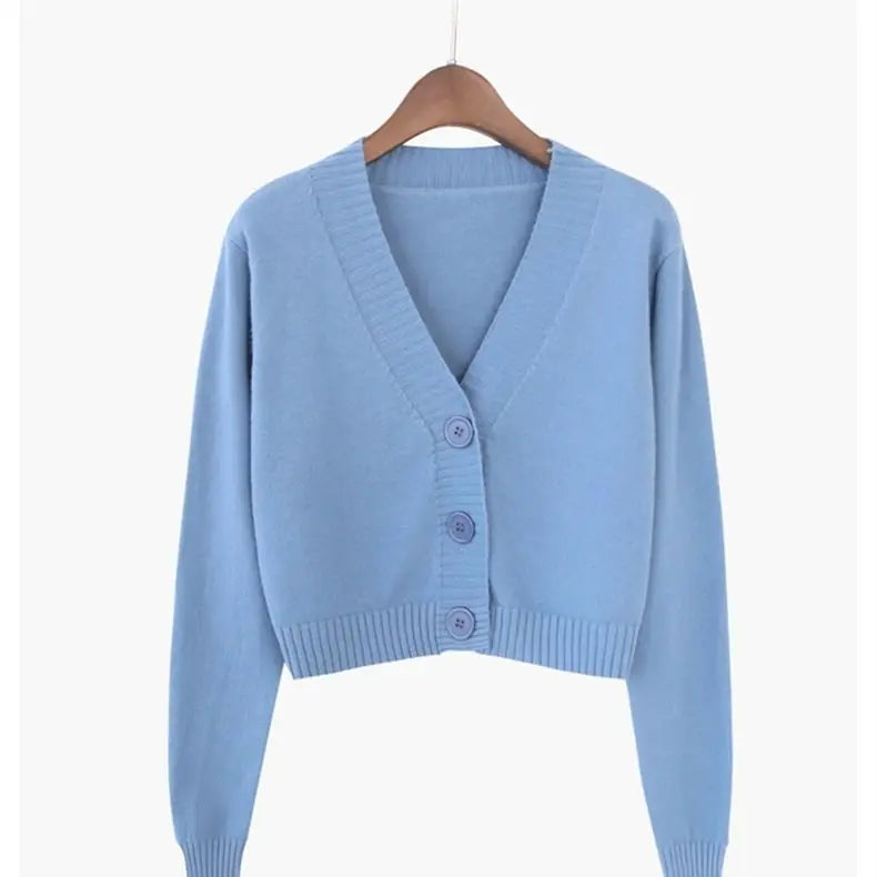 Knitted Cropped Cardigan Women Korean Short Sweater Long sleeve Crop Top V neck Fashion Y2k Clothes Green Blue