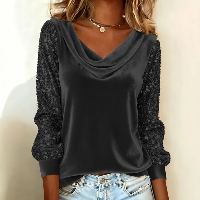 Elegant Velvet Long Sleeve Shirts For Women Autumn Winter Solid Color Loose Women Blouses Fashion Pullover Tops Party Clothes