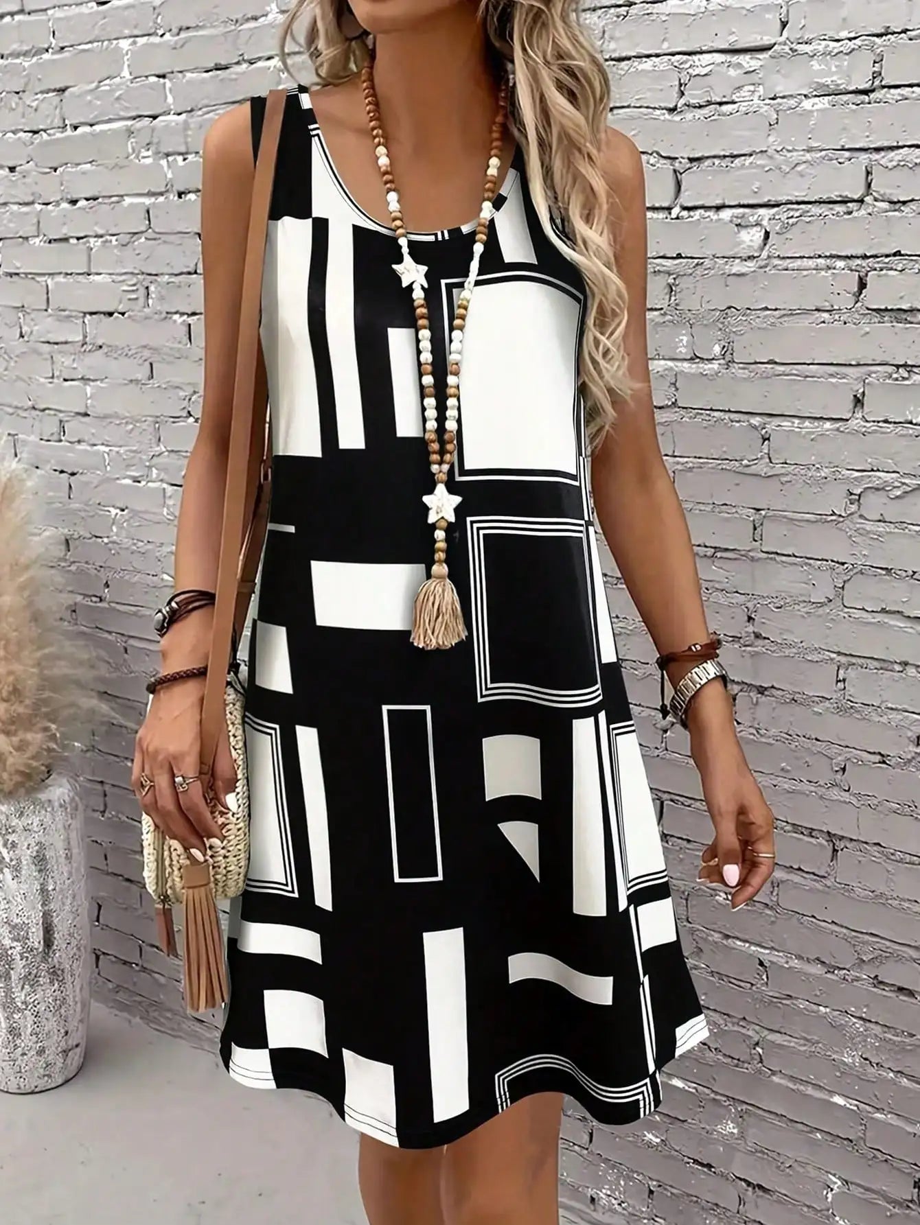 Geometric Pattern Sleeveless Dress For Women‘s Summer Clothes,Black Women Midi Dresses,daily dresses for women summer