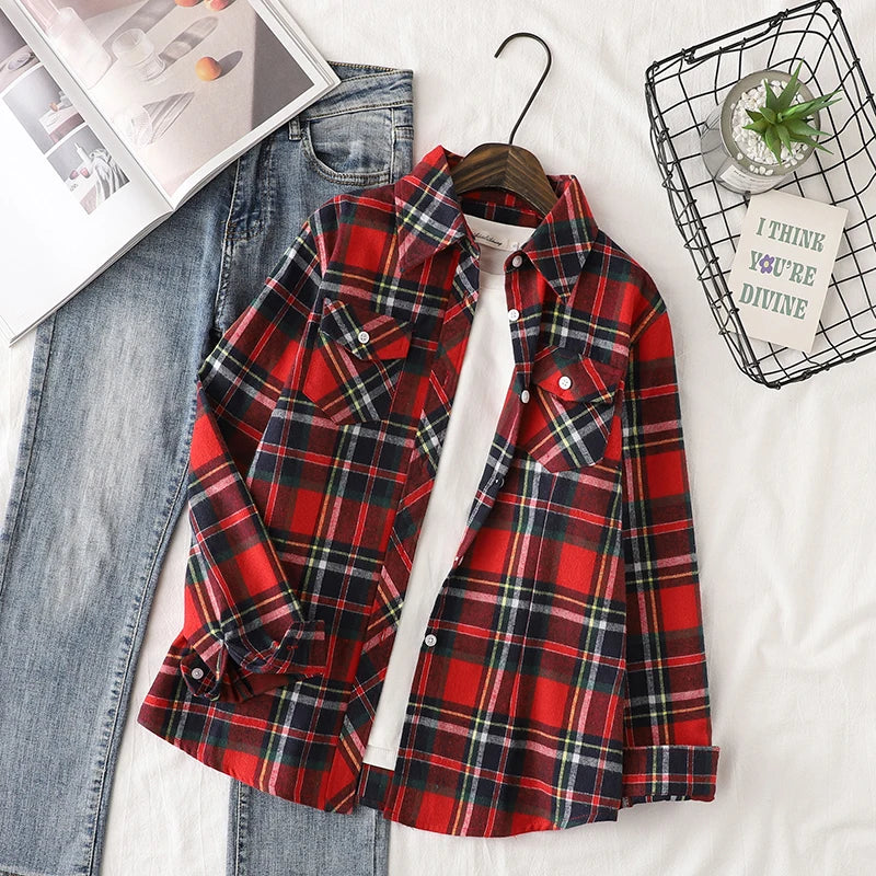 Cotton Flannel Plaid Shirts Women 2025 Autumn New Female Casual Slim Fit Long Sleeve  Blouses & Tops Ladies Checkered Clothes