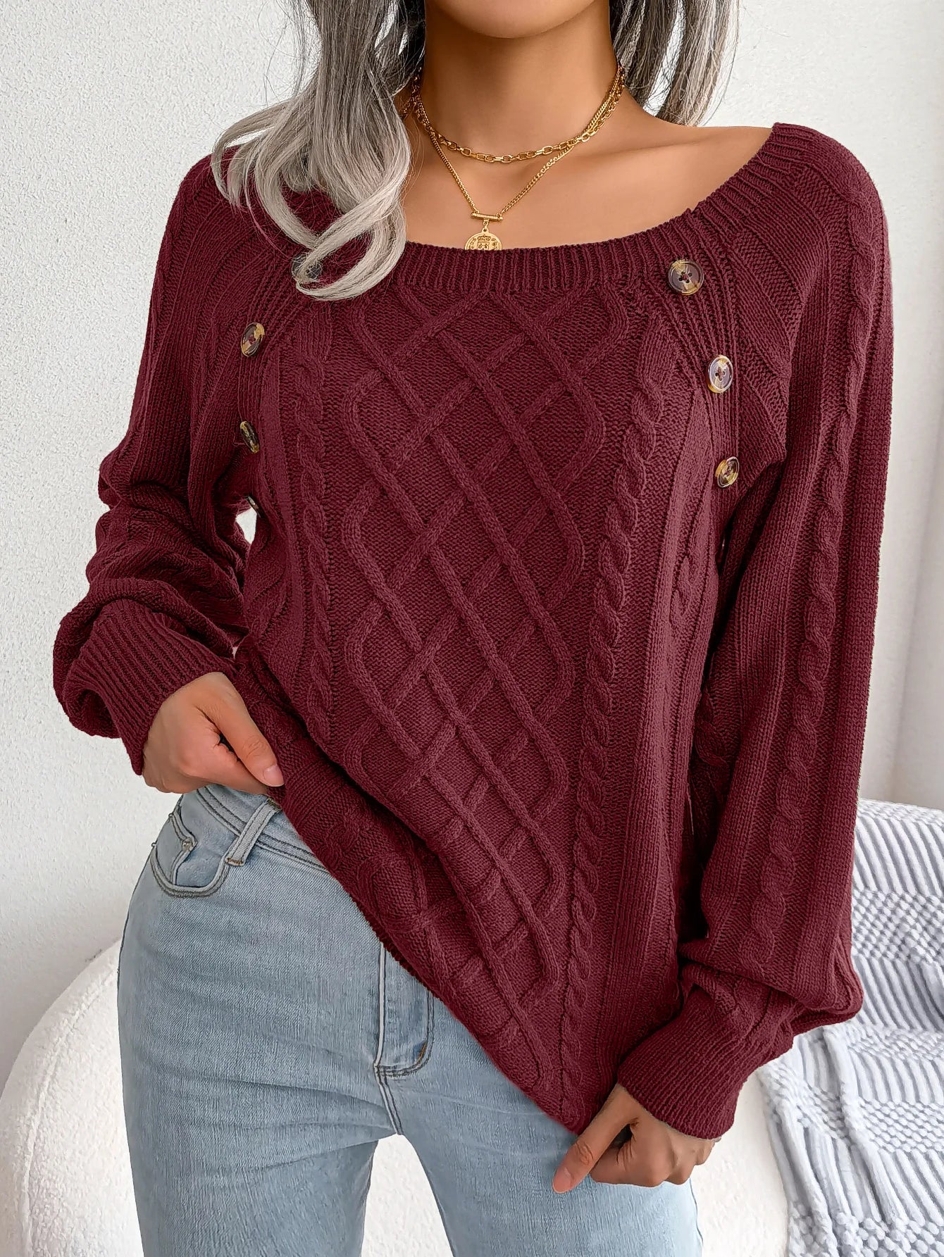 Woman Casual Plain Square Collar Buttons Long Sleeve Knitted Pullover Sweaters for Autumn Winter 2026 Fashion Women Clothes