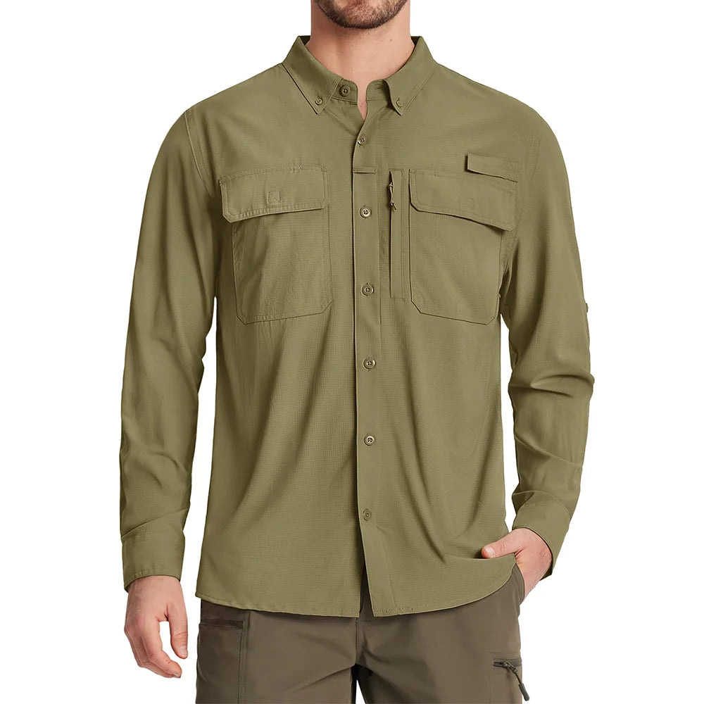 TACVASEN UPF 50+ Sun Protection Fishing Shirts Men's Quick Dry Long Sleeve Shirts Mesh Breathable Hiking Work Cargo Shirts