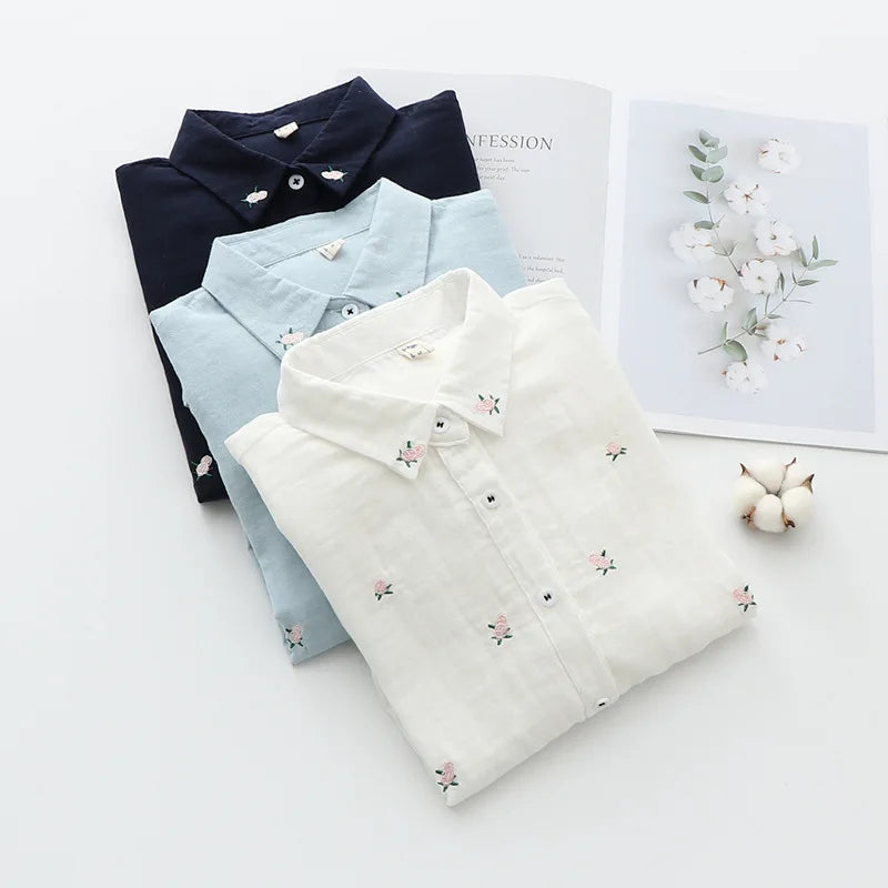 2024 Spring Autumn New Fresh Cotton Yarn Ladies Long Sleeve Shirt Flower Embroidered Women's Casual Shirt Female Blouse Clothes
