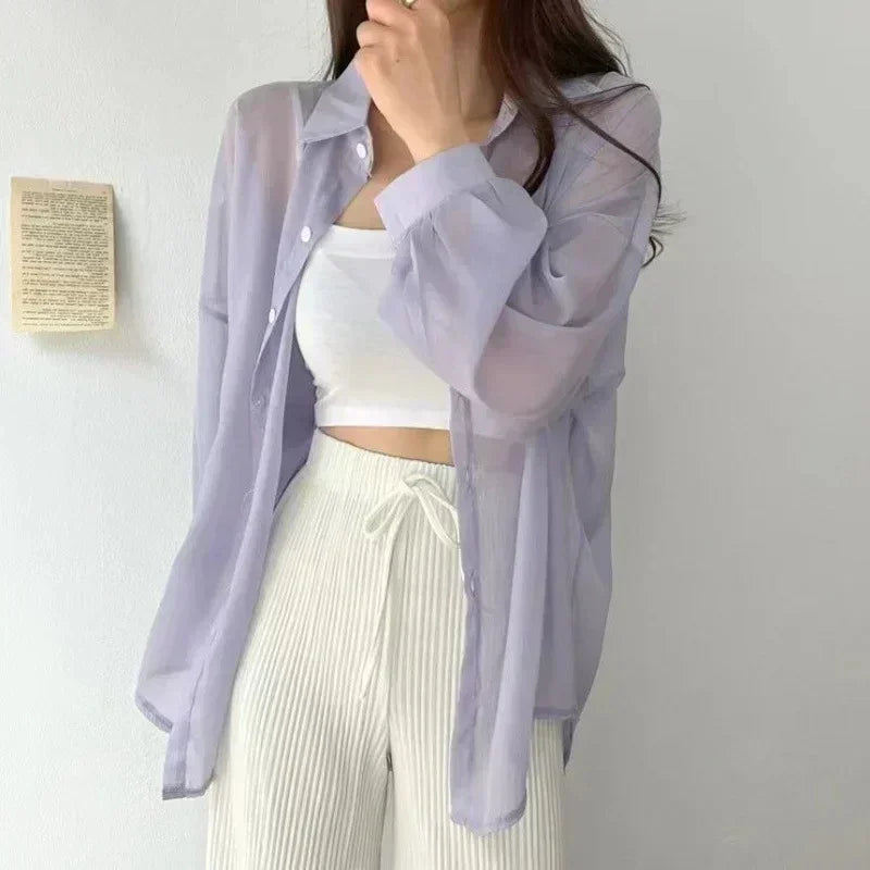 2025 Colors Shirts Women Sheer Thin Chic Summer Simple Solid Sun-proof Temper Fashion Baggy All-match Basic Korean Style Clothes
