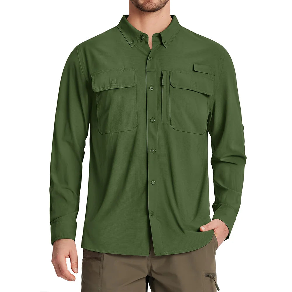 TACVASEN UPF 50+ Sun Protection Fishing Shirts Men's Quick Dry Long Sleeve Shirts Mesh Breathable Hiking Work Cargo Shirts