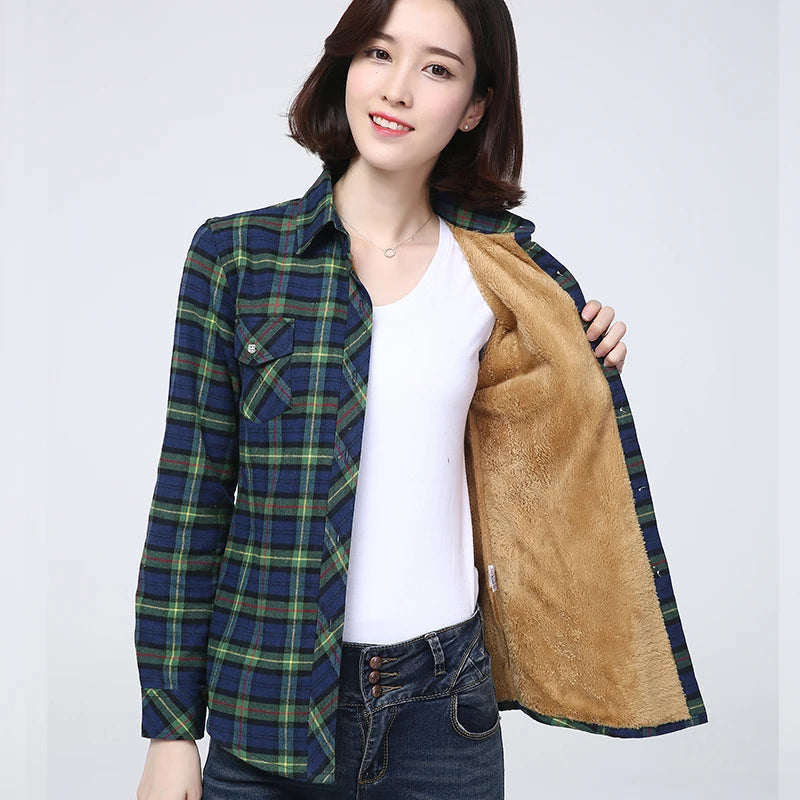 2025 Winter New Women's Warm Plaid Shirt Coat Casual Fleece Velvet Plus Thicke Jacket Tops College Style Woman Clothes Outerwear