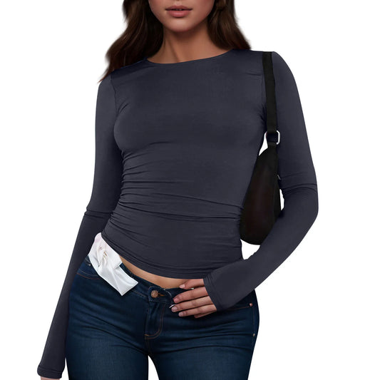 Women Fashion Casual Long Sleeve T Shirt Lady Minimalist Style Solid Color Round Neck Top Female Casual Skinny Daily Clothes