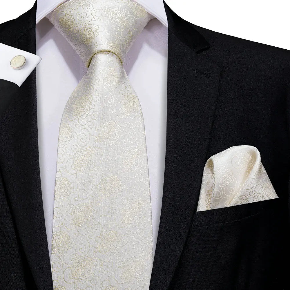 Hi-Tie Champagne Floral Paisley Silk Elegant Tie For Men Groom Wedding Men Necktie Pocket Square Cufflink Accessory Wholesale
