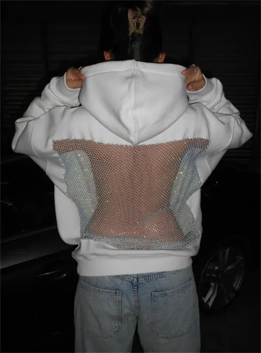 Women's Fashion Translucent Pullover Sweatshirt American Gothic Sexy Hollow Mesh Hoodie Y2K Clothes Casual Long Sleeves Jacket