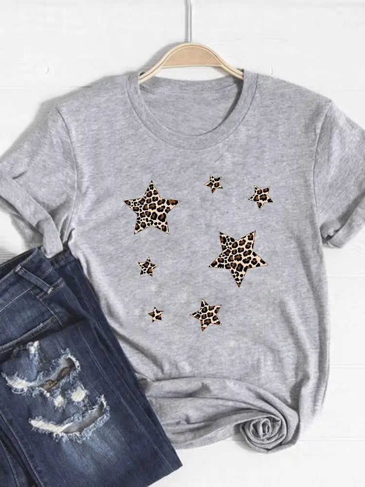 Tee Basic Clothing Women Clothes Print T Shirt Leopard Love Heart Trend Cute Summer Top Fashion Short Sleeve Graphic T-shirt