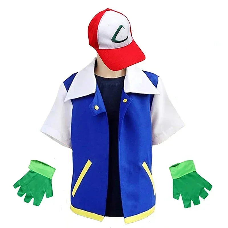 Cosplay Anime Ash Ketchum Clothes Men Blue Jacket Costume Boys Girls Cosplay for Carnival Party Trainer Cap Gloves Set