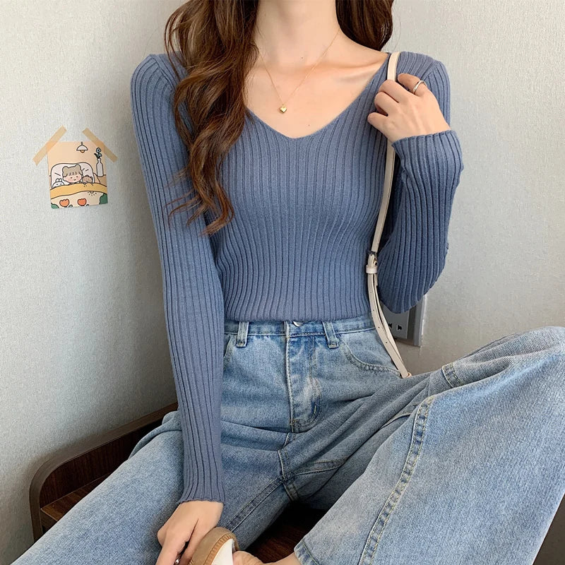 2026 Korean Autumn Winter V Neck Sweater Fashion Casual Long Sleeve Knitted Sweaters Solid Color Slim Pullovers Women Clothes