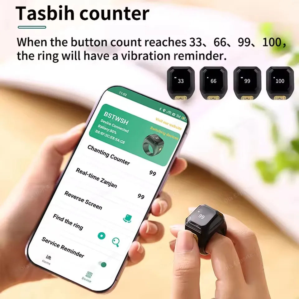 2026 Newest Qibla Zikr Muslim Smart Ring Tally Tasbeeh Counter 5 Prayer Time Reminder Waterproof Smart Rings Men Women Muslims