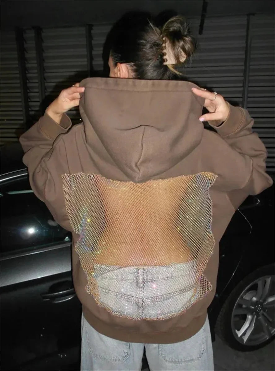 Women's Fashion Translucent Pullover Sweatshirt American Gothic Sexy Hollow Mesh Hoodie Y2K Clothes Casual Long Sleeves Jacket