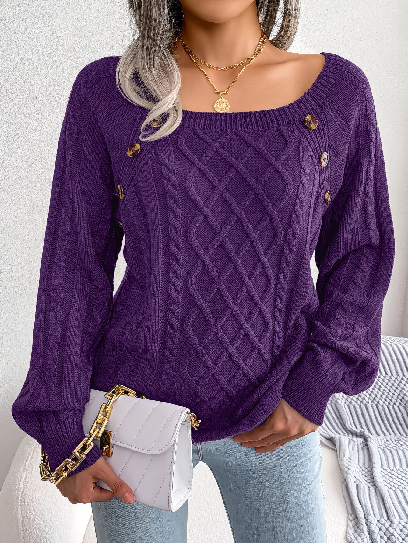 Woman Casual Plain Square Collar Buttons Long Sleeve Knitted Pullover Sweaters for Autumn Winter 2026 Fashion Women Clothes