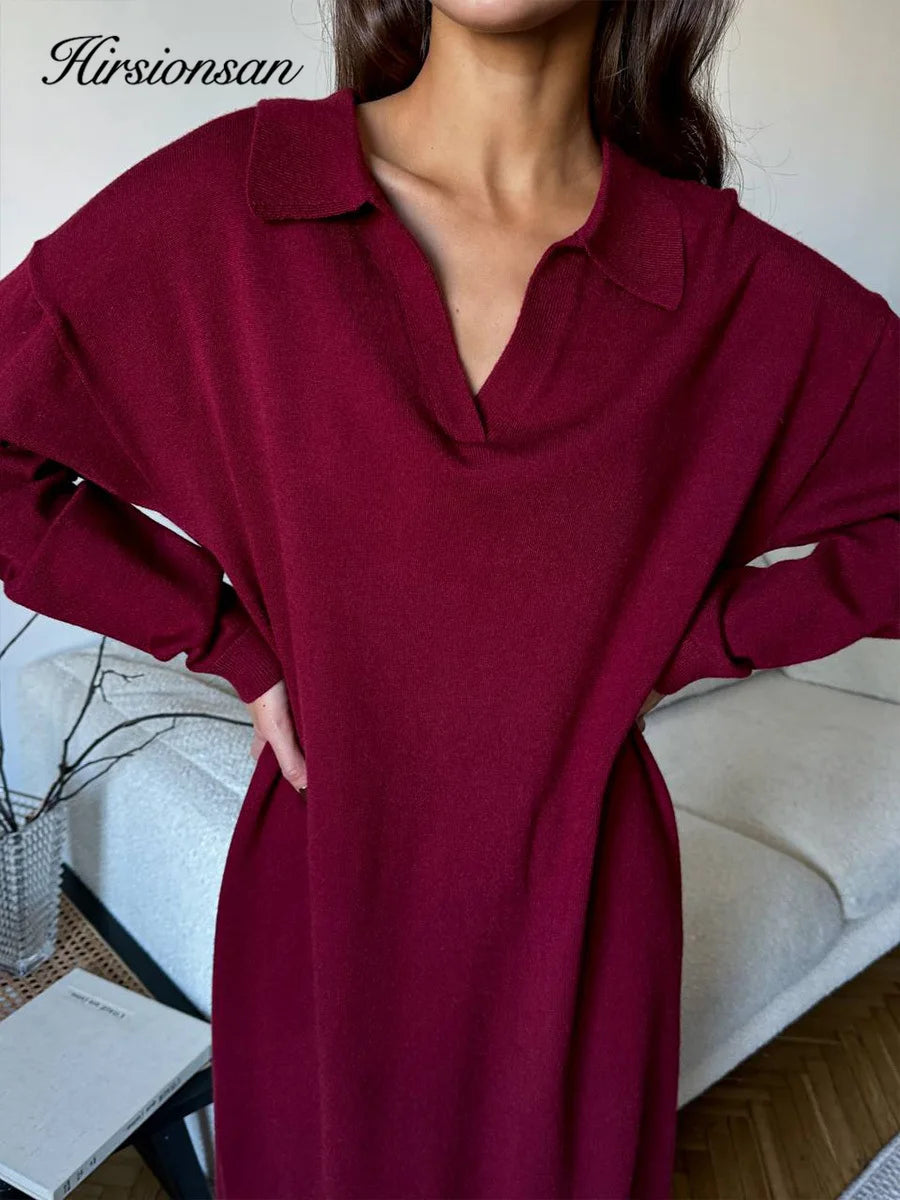 Hirsionsan Long Sleeve Autumn Winter Loose Polo Neck Sweater Dresses Women Soft Elegant Solid Knit Dress Female 2025 New Clothes