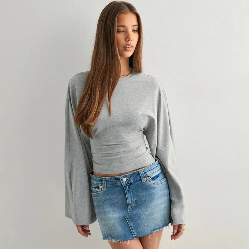 Long Sleeve Women Pullover O Neck Skinny Y2K Summer Clothes Casual T Shirt Top Streetwear 2025 Fashion Gray Tees Crop Top