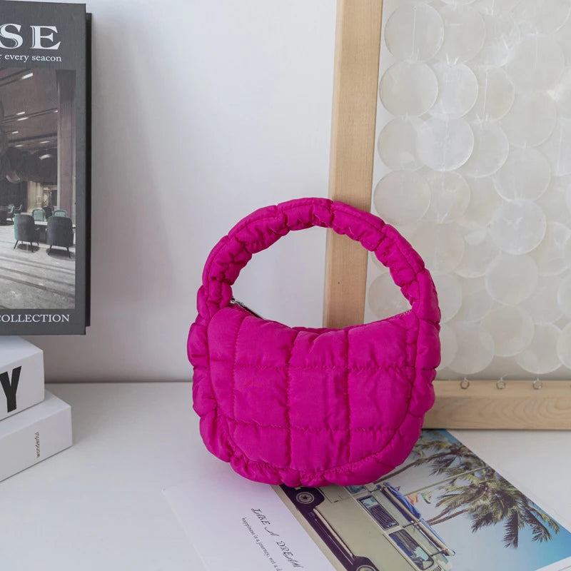 Candy bag Fashion Mini Puffer Tote Bag Quilted Circle Phone Purse  Elegant  Soft Nylon Padded Key Pouch Simple Trend Handbag