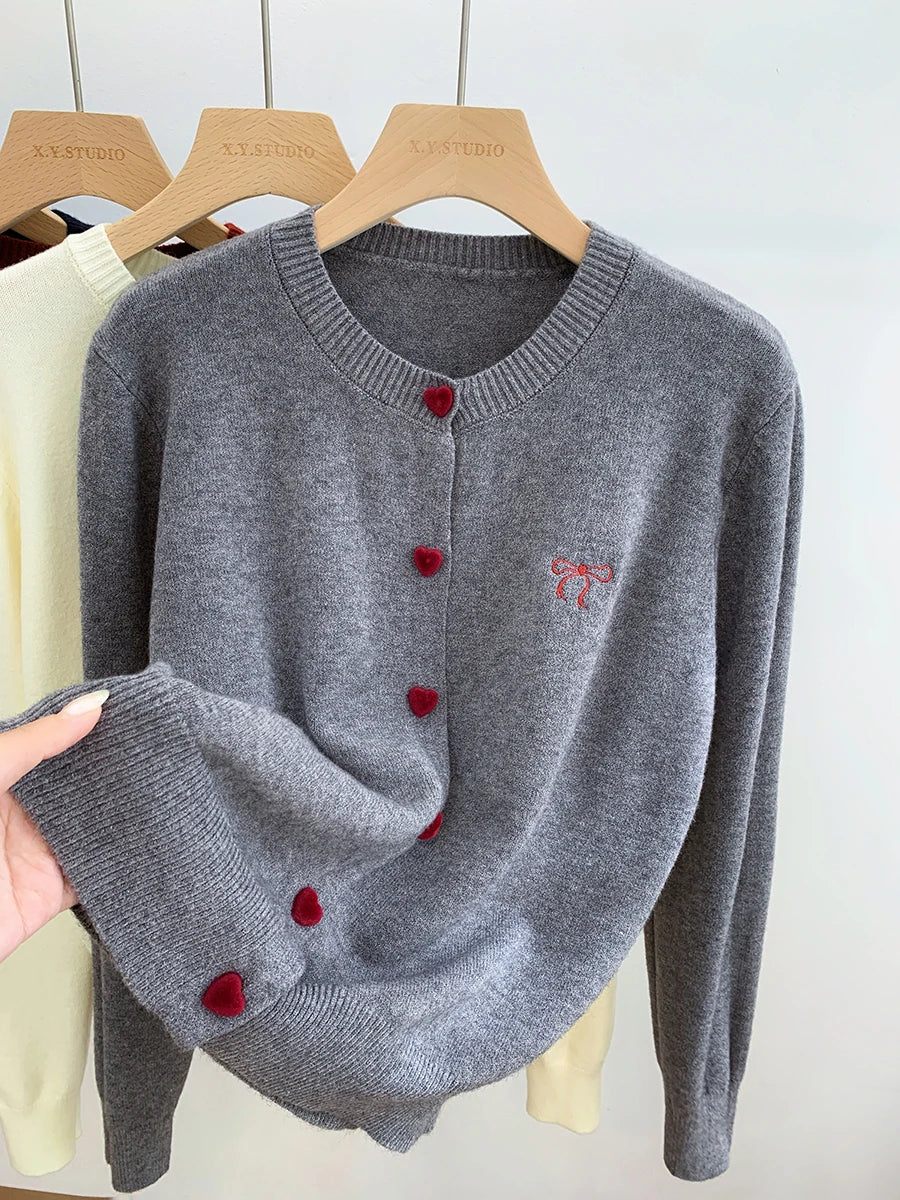 Women O-Neck Single Breasted Heart Button Sweater 2026 Bow Embroidery Knitted Cardigan Korean Casual Solid Tops Woman Clothes 45