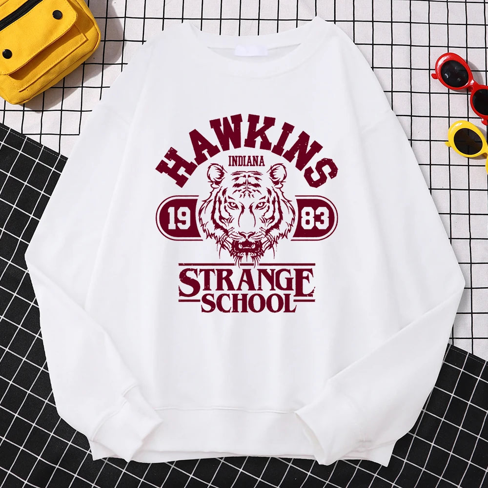 Casual Street Womens Sweatshirt Hawkins High School Indiana 1983 Printing Hoodies Loose Crewneck Pullovers Warm Fleece Clothes