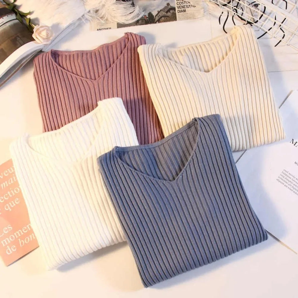 Autumn Winter Women Sweaters Casual Long Sleeve Knitted V Neck Pullover Sweater Femme Basic Solid Jersey Tops Fashion Clothes