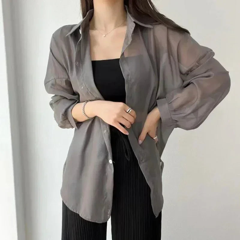 2025 Colors Shirts Women Sheer Thin Chic Summer Simple Solid Sun-proof Temper Fashion Baggy All-match Basic Korean Style Clothes