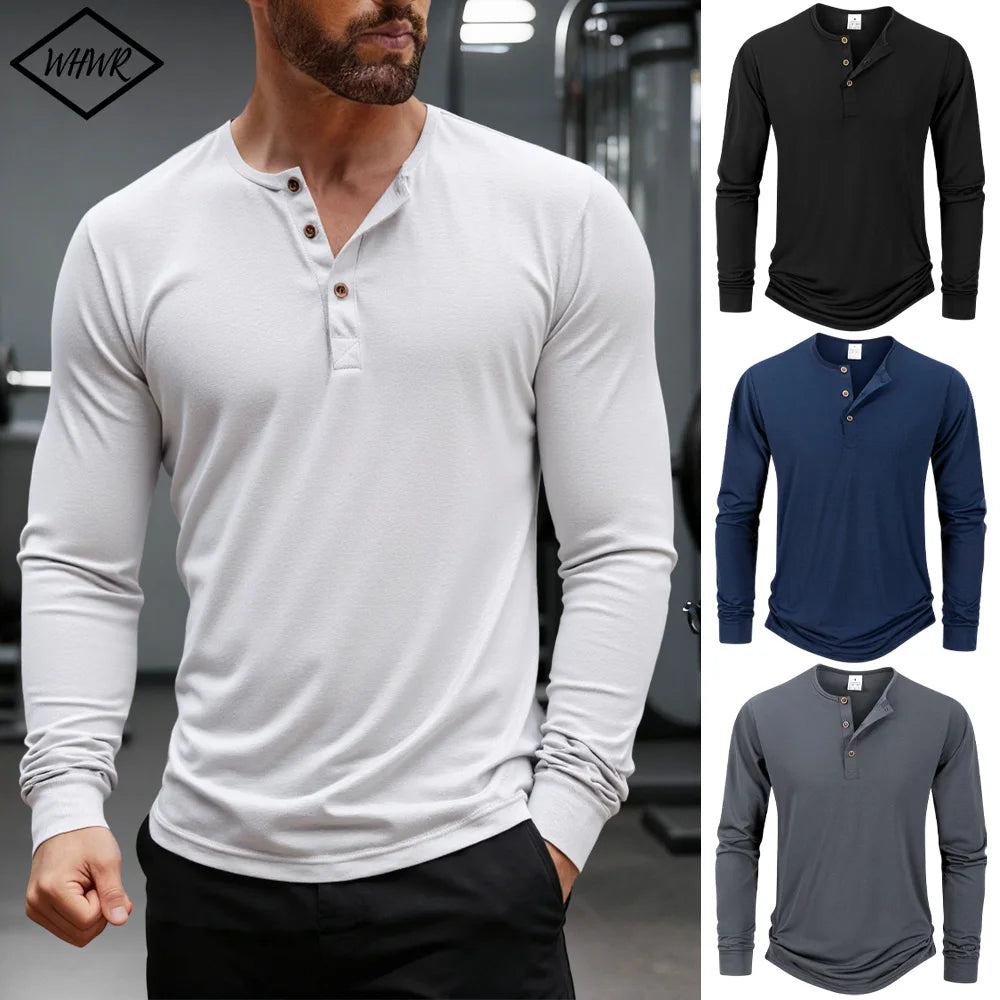 Men's T Shirt Autumn Button Long Sleeve Henley Neck T-Shirt Solid Color Casual Breathable Versatile Tops Fashion Slim T-Shirts