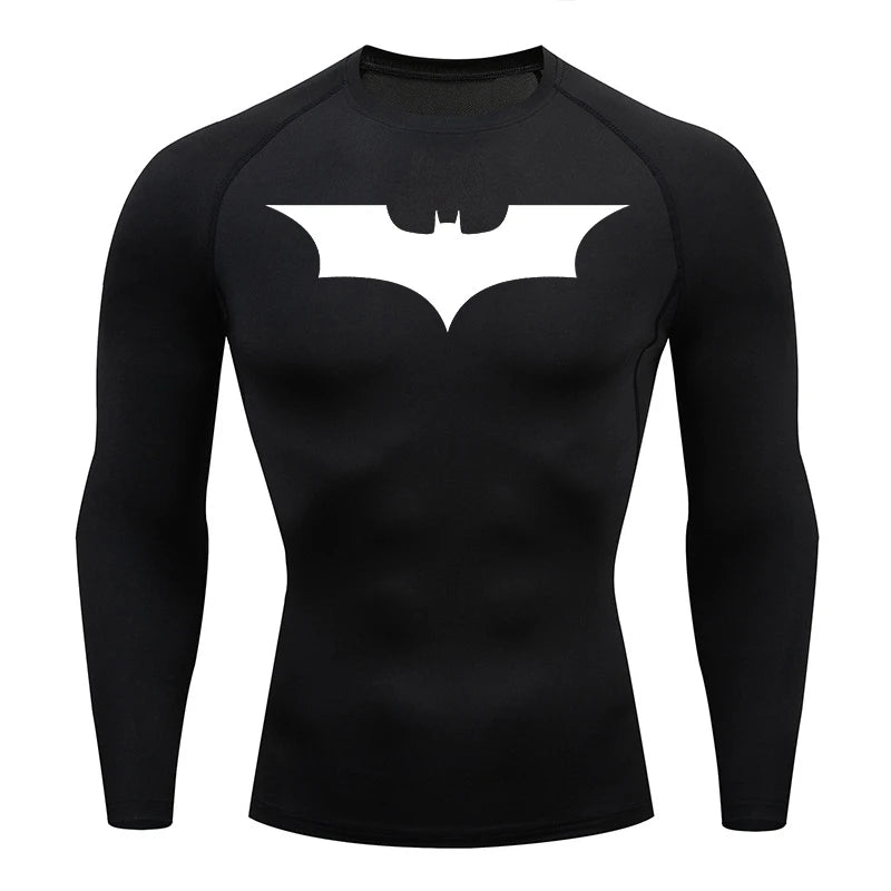 Bat Print Long Sleeve Compression Shirts for Men Gym Workout Running Tees Athletic Quick Dry Tshirts Tops Rash Guard Baselayers