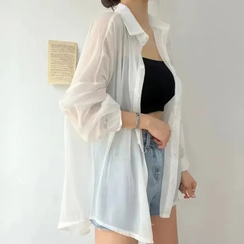 2025 Colors Shirts Women Sheer Thin Chic Summer Simple Solid Sun-proof Temper Fashion Baggy All-match Basic Korean Style Clothes