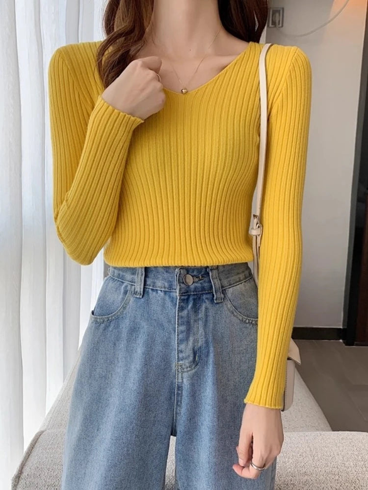 2026 Korean Autumn Winter V Neck Sweater Fashion Casual Long Sleeve Knitted Sweaters Solid Color Slim Pullovers Women Clothes