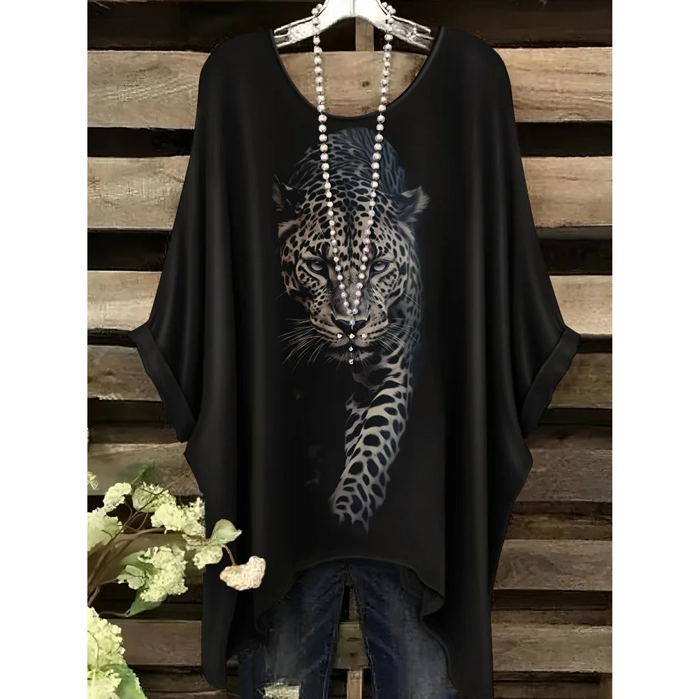 2025 New Women's T-Shirt Fashion Leopard 3D Print Tops Summer Sexy Round Neck Short Sleeve Tee Street Casual Loose Woman Clothes
