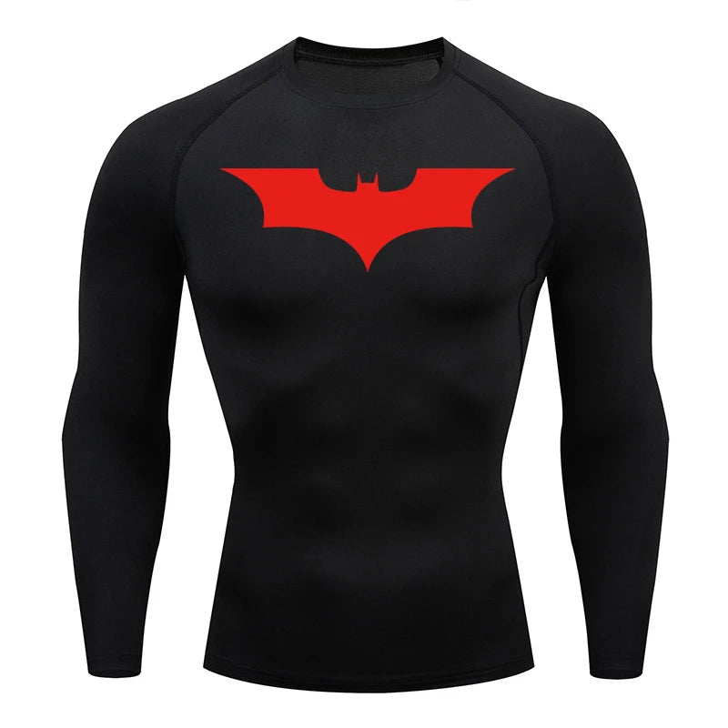 Bat Print Long Sleeve Compression Shirts for Men Gym Workout Running Tees Athletic Quick Dry Tshirts Tops Rash Guard Baselayers