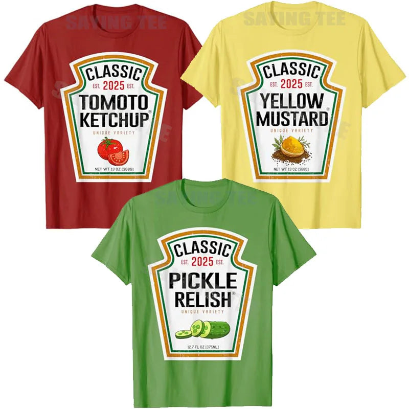 Yellow Mustard,Tomato Ketchup Mustard Condiment DIY Halloween Costume Matching T-Shirt Pickle Relish Halloween Party Tee Clothes