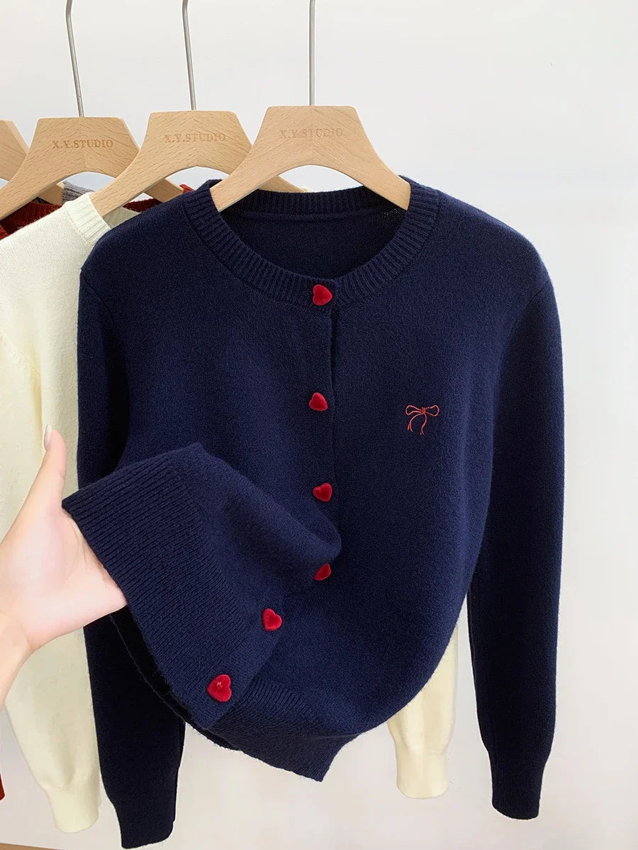 Women O-Neck Single Breasted Heart Button Sweater 2026 Bow Embroidery Knitted Cardigan Korean Casual Solid Tops Woman Clothes 45