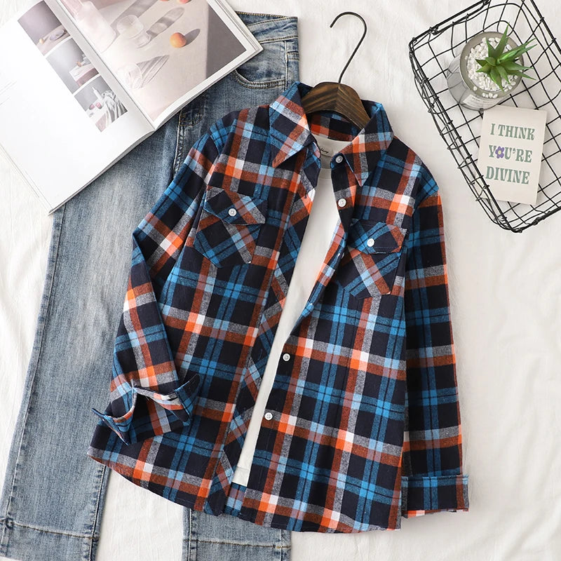 Cotton Flannel Plaid Shirts Women 2025 Autumn New Female Casual Slim Fit Long Sleeve  Blouses & Tops Ladies Checkered Clothes