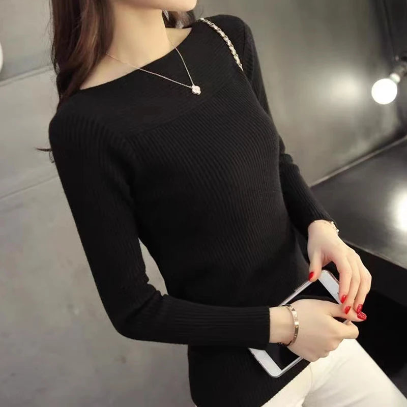 Casual Long Sleeve Knitted Sweater Autumn O-neck Office Pullover Winter Women Clothes Korean Style Slim White Knitwear Pull 7571