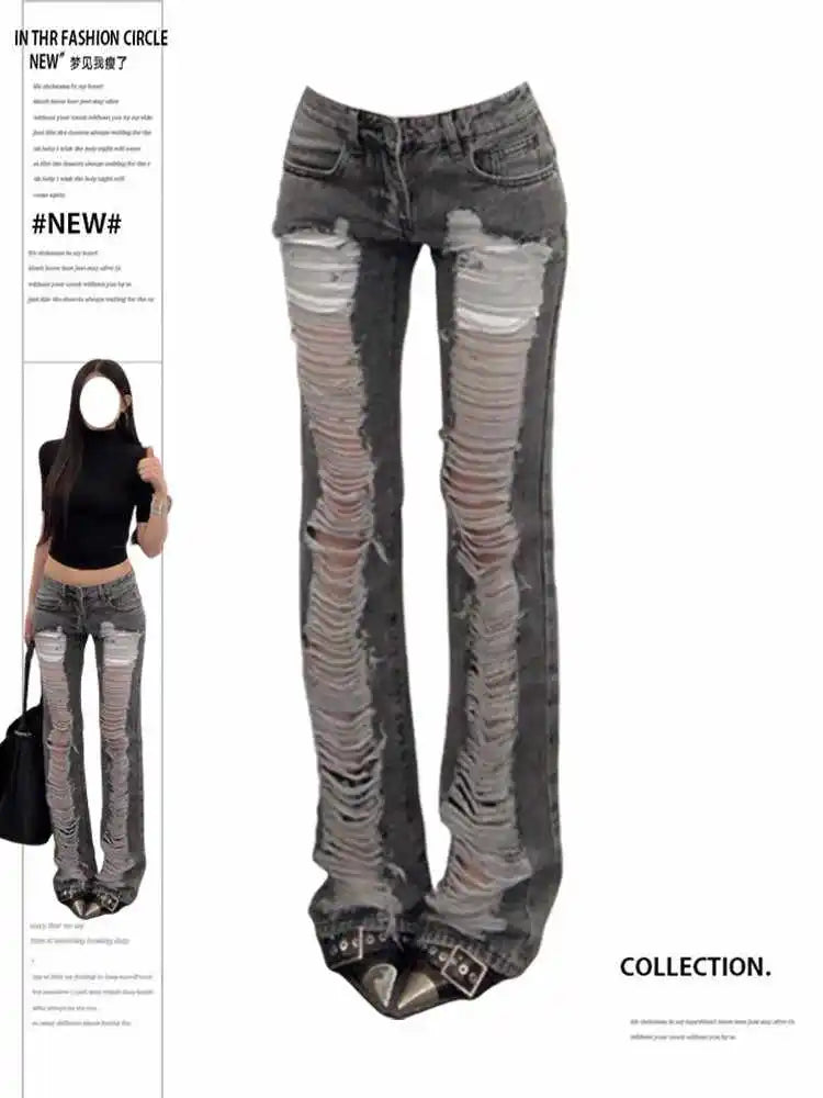 Women's Grey Ripped Skinny Jeans Harajuku Vintage Y2k Denim Trousers Japanese 2000s Style Emo Oversize Jeans Long Pants Clothes