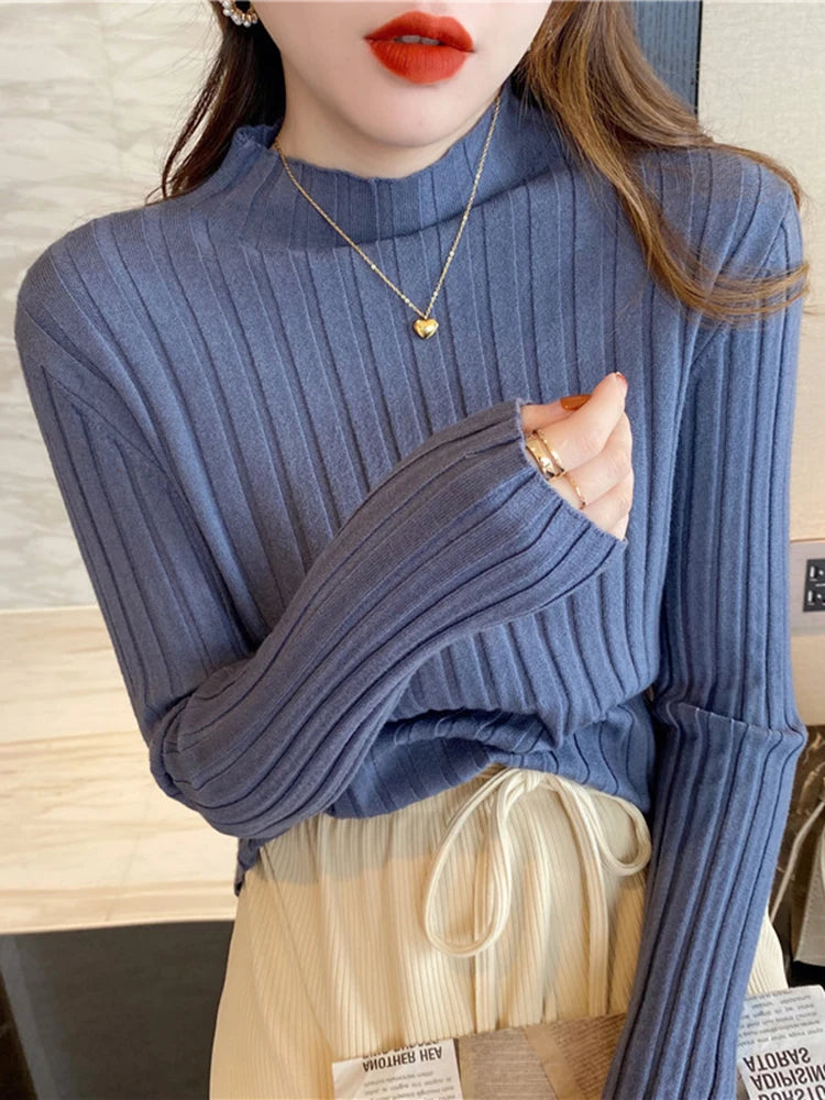 Autumn Winter Knitted Ribbed Turtleneck Sweater Women Clothes 2026 Long Sleeve Slim Basic Pullover Woman Sweaters Solid Tops