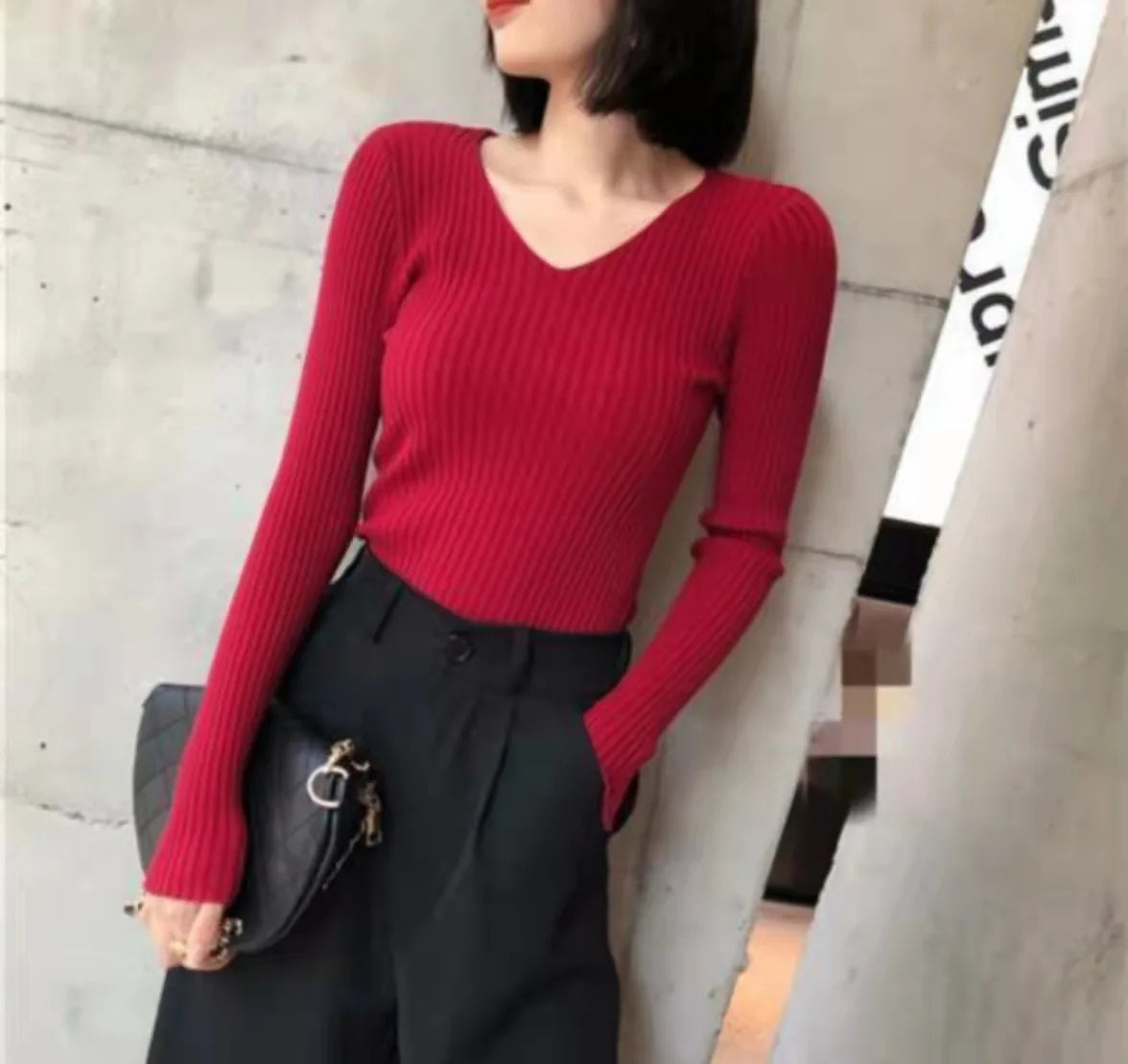2026 Korean Autumn Winter V Neck Sweater Fashion Casual Long Sleeve Knitted Sweaters Solid Color Slim Pullovers Women Clothes